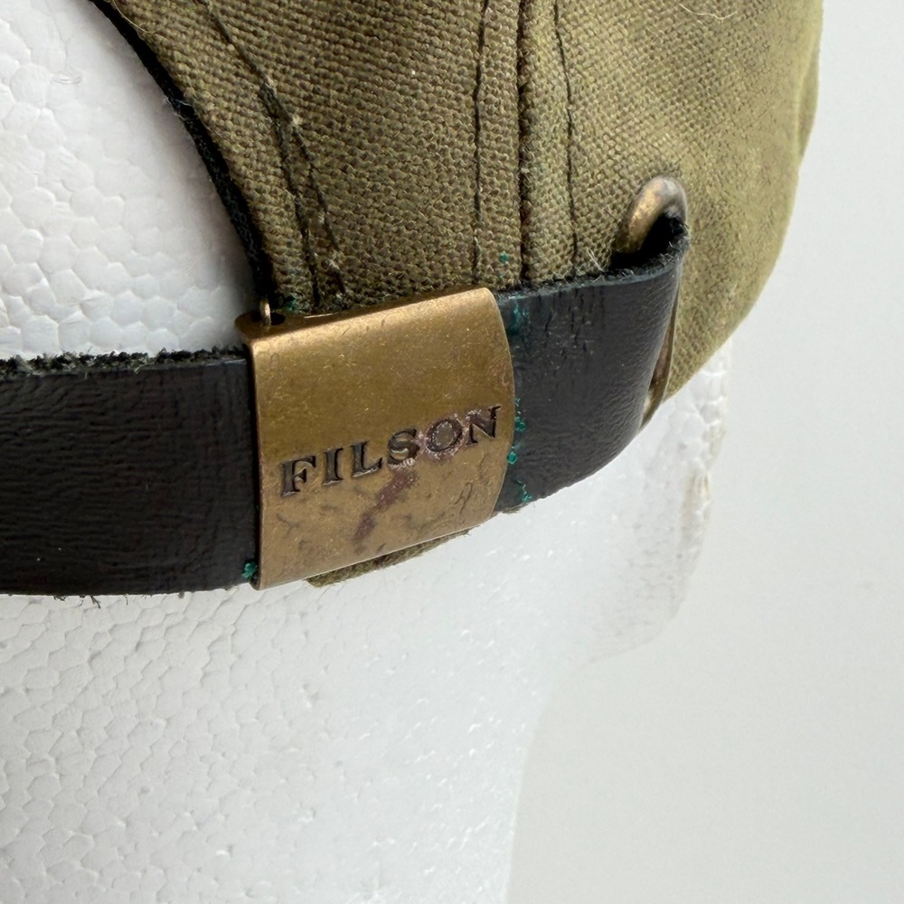 Filson Tin Cloth 5-Panel Cap Mens Olive Green Waxed Canvas Hat Leather Strap - Picture 7 of 10